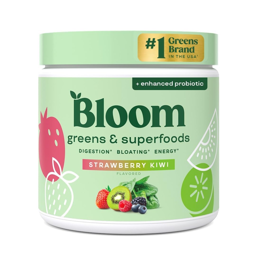 Ziedu Uzturs Zaļie un Superfoods Pulveris Gremošanas veselībai, Zaļš Pulveris, Gremošanas Enzīmi, Probiotikas, Spirulina, Hlorella Bloating & Gut Support, Green Juice, 30 SVG, Zemeņu Kiwi
