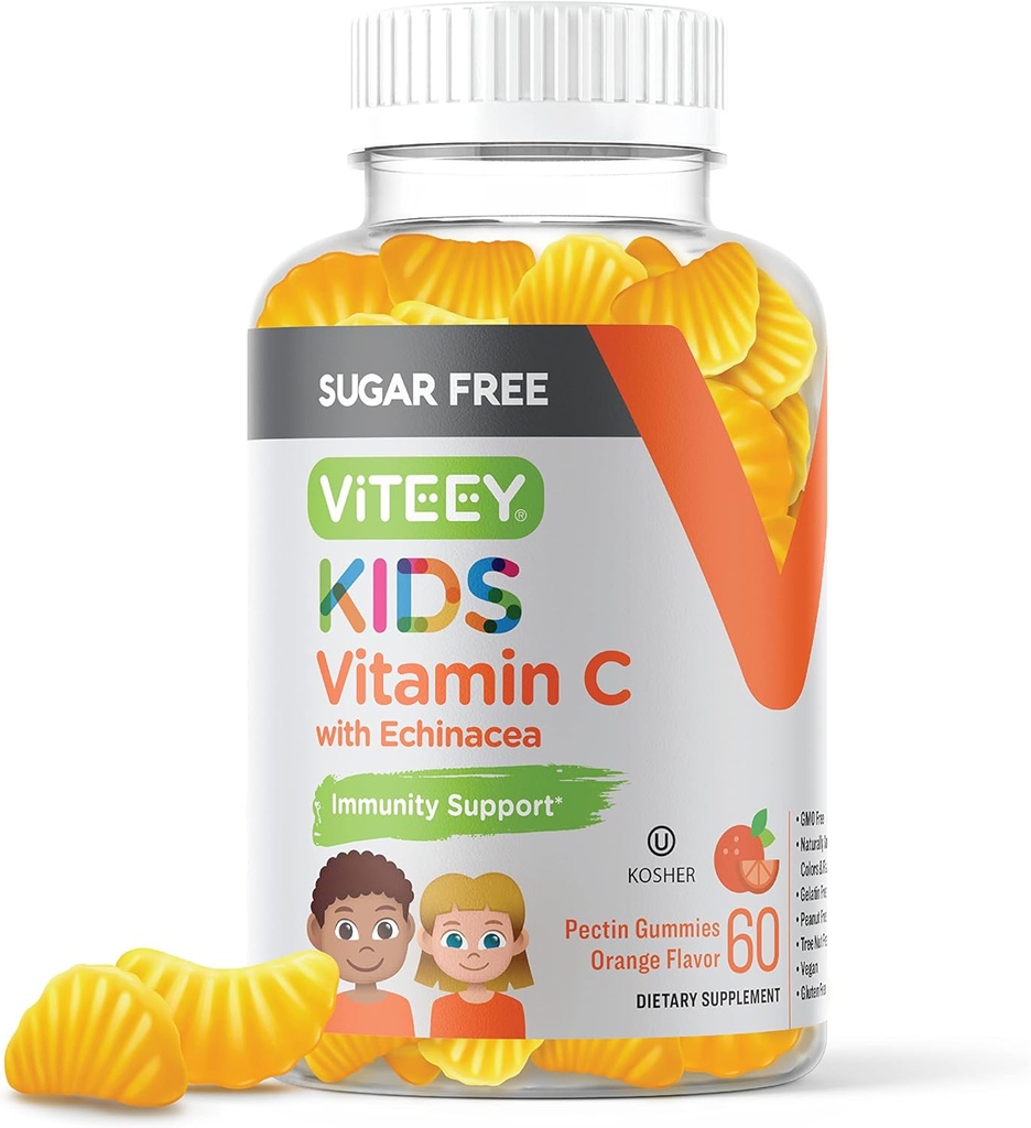 Vitamīns C Gummies 75mg, ar Echinacea - bez cukura - Imūnsupport toddlers, & pusaudži - vegan, Želatīns bez, bez lipekļa, bez ĢMO - Garšīgs apelsīnu uzliesmo Kids Immunity Gummy