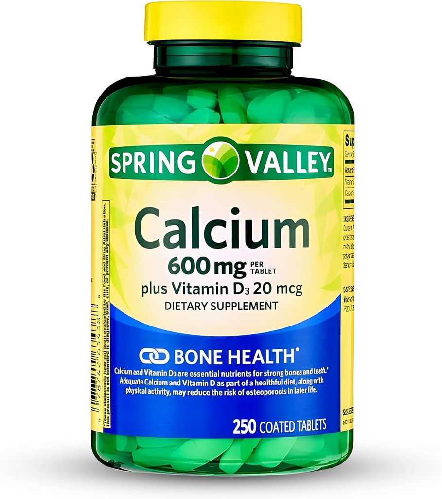 Spring-Valley kalcija papildinājums-Kalcijs 600 mg ar vitamīnu d3 spēcīgāku kaulu veselību-250 tabletes