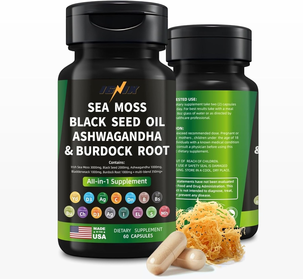 IGIX Diētiskā Papildinājums ar Sea Moss, Black Seed Oil, Ashwagandha, un Burdock Root-Irish Sea Moss 3000mg, Black Seed 2000mg, Ashwagandha 1000mg, Bladderwrack 1000mg, Burdock Root 1000mg.