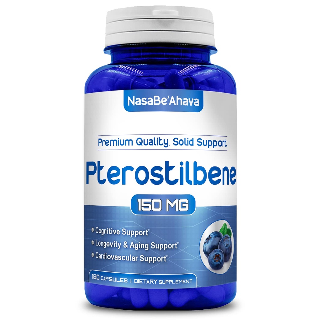 Extra Strength Pterostilbene papildinājums -Vegāns Friendly 150mg Pterostilbene kapsulas -- Antioksidants papildinājums novecojot sirds Imūnās un smadzeņu atbalsts - Ražots ASV (180 Day Supply)