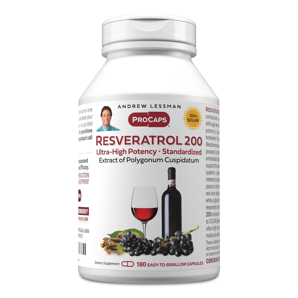 ANDREW LESSMAN Resveratrol-200mg - 180 Kapsulas - Sarkanā vīna labvēlīga, dabiski okupēts antioksidants, bez alkohola. Bez piedevām