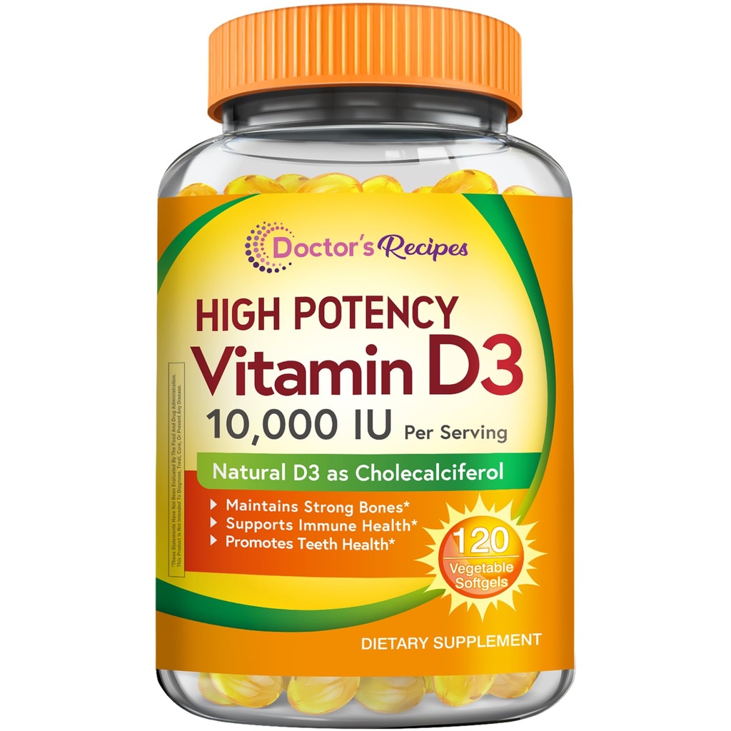 Ārsta receptes D3 vitamīns 10000 SV, kauli, zobi un imūnās sistēmas atbalsts, ne-ĢMO, nav želatīna, lipekļa vai sojas, 120 Veģetāriskie softgeli