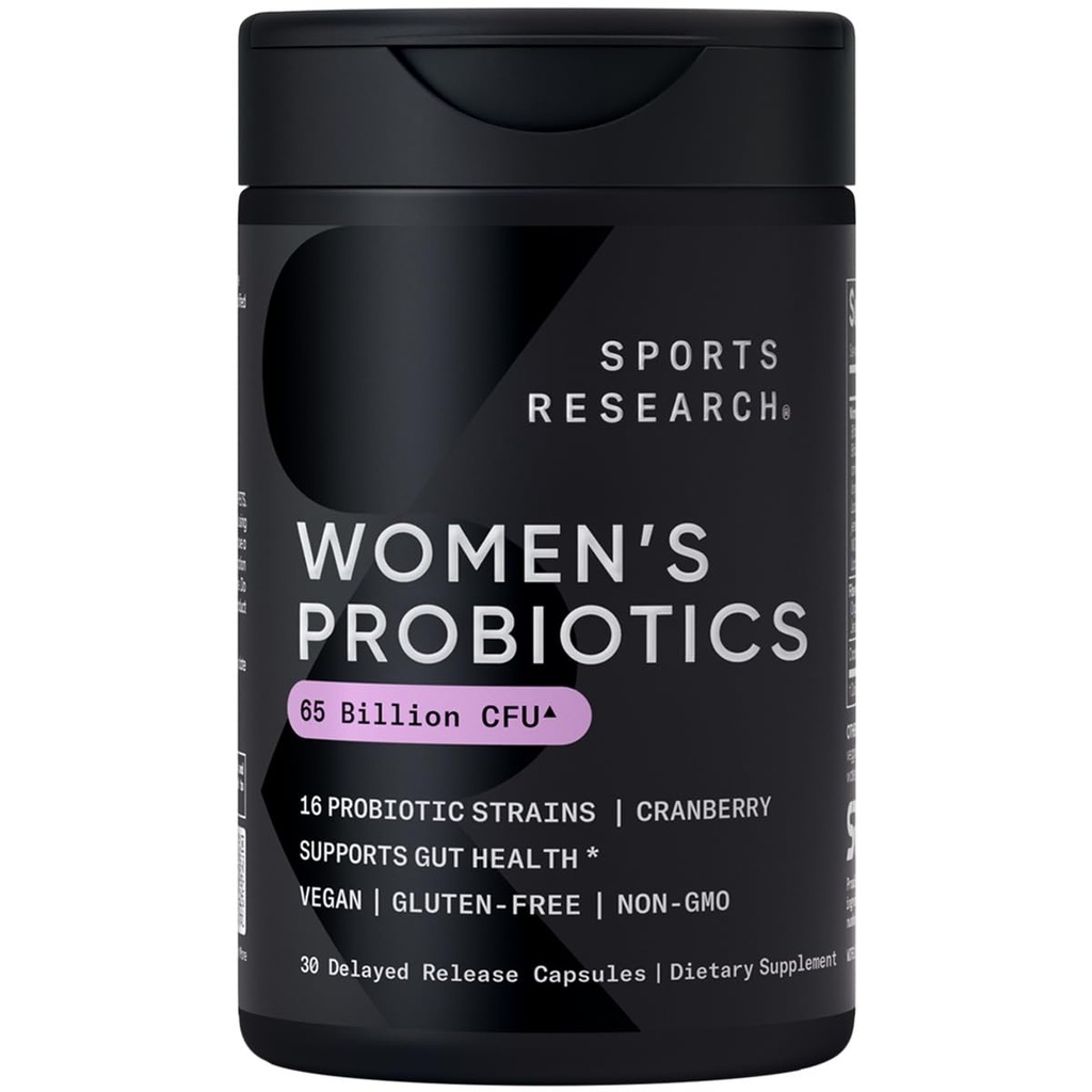 Sports Research® Sieviešu probiotikas ar prebiotikām, 65 miljardi KVV - Vegan kapsulas Gut Veselība un Gremošanas Atbalsts, Probiotikas sievietēm ar Dzērveņu - Non-GMO Verified & Gluten Free - 30 Count