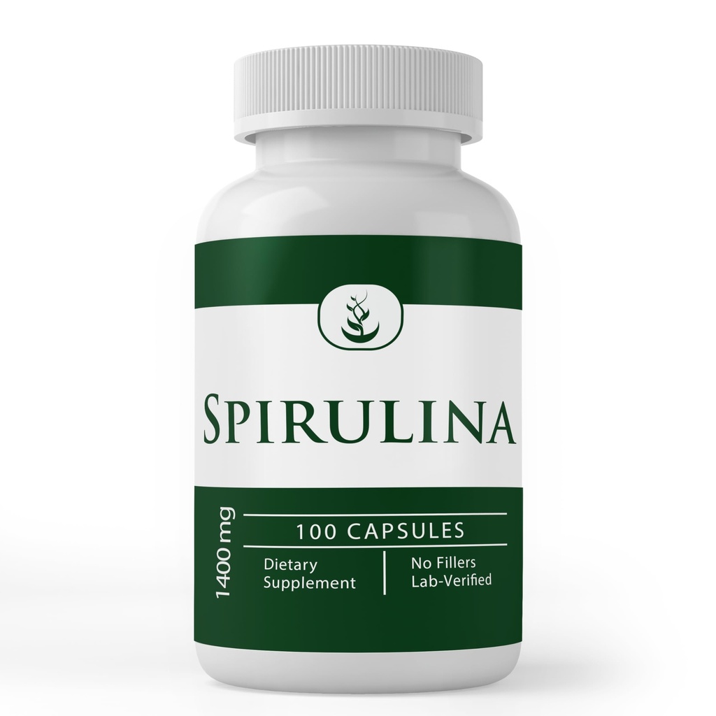 PURA ORIĢINĀLIE SASTĀVDAĻI Spirulīna (100 kapsulas), kas bagātas ar Phycocianin, Pure