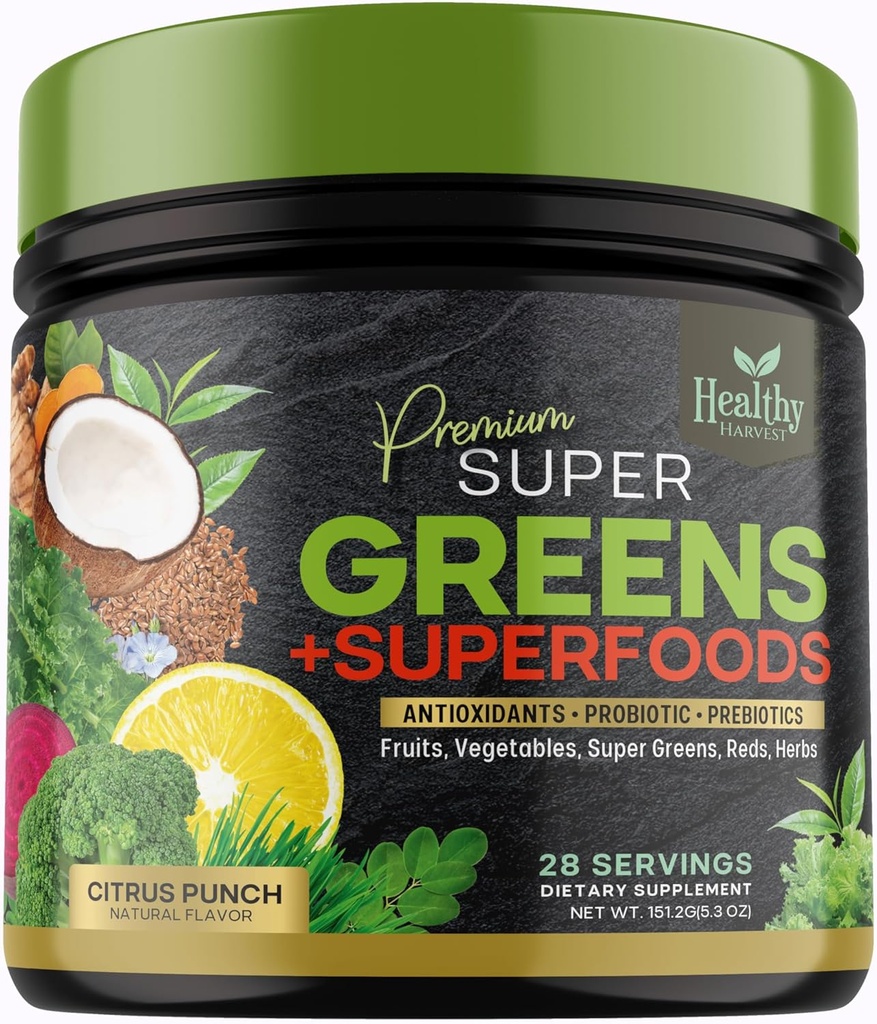 Zaļš pulveris Superfood Pielikums - Super Zaļš sarkans Gludeklis maisījums ar Spirulīna, Kviešu Zāle, Hlorella, Bites, Probiotikas, Dabīgie Antioksidanti - Vegan, Ne-GMO - 28 Kalpo