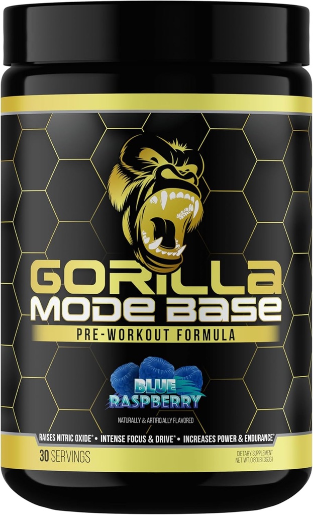 Gorilla Mind bāzes pirms treniņa - Paaugstina slāpekļa oksīda Intensīvi Fokuss & Drive Izturība Power - L-Citrulīns, L-Tirozīns, Betaīns, Alfa-GPC, Kofeīns, Huperzine A - 360 Grams (Zilais aveņu)