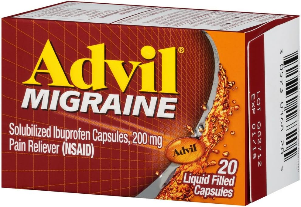 Advil Migrēna Sāpes Reliver, Solubilized Ibuprofēns 200mg, 20 Skaits, Šķidri Pildītas Kapsulas, Spēcīga Migrēna Relief