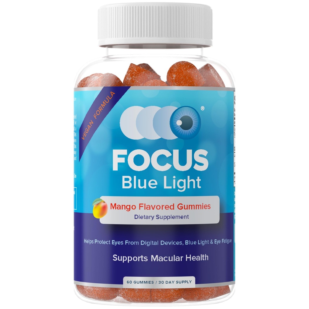 Focus Blue Light Papildinājums - Luteīns un Zeaksantīns Acu veselības un Zilās Gaismas Aizsardzības Papildinājums - 60 Grāfs Mango Uzliesmojošā gumija, 30 dienu piegādes