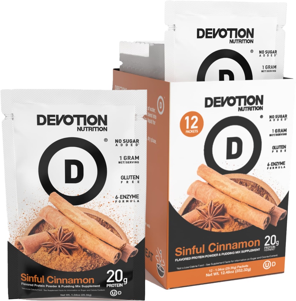 Devotion Nutrition Protein Powder Blend, bez lipekļa, Keto Friendly, Nav pievienots cukurs - 1g MCT - 20g sūkalu un micelar Protein - 12 Count Packets (Sinful Cinnamon)