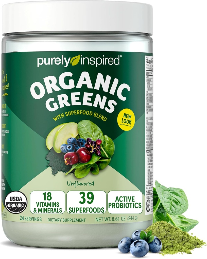 Tīri inspirēts Organiskais zaļais pulveris Smoothie Mix, Neuzliesmojošs (24 Kalpo) - Probiotikas gremošanas veselībai ar Spirulina un hlorella for Gut Health - Vegan & Gluten-free