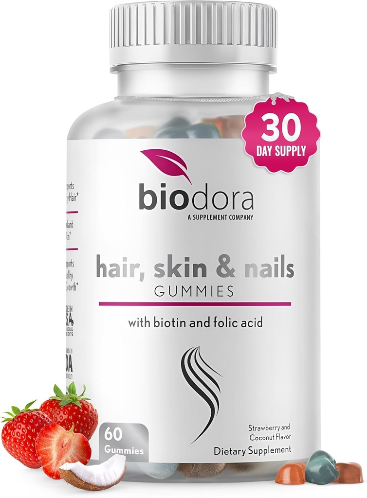Matu āda un nagus Gumijas, Extra Strength Biotin Gumijas ar folijskābi, Inozitolu un vitamīni, PCOS Simptomu Relief & Hormonu balanss, bezcukura zemeņu un kokosriekstu Flavor, 60 Gumijas