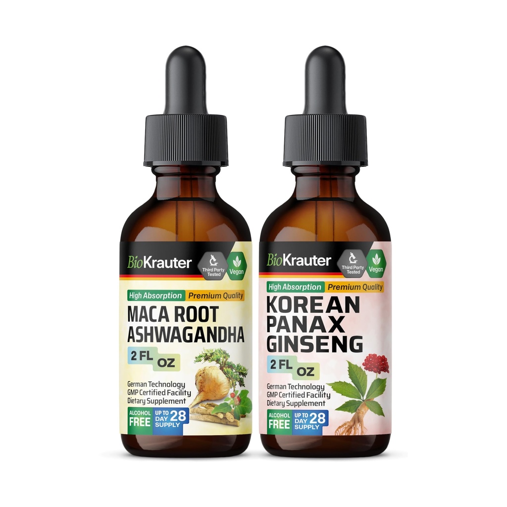 BIO KRATER Maca Root Ashwagandha Tincture 2 Fl. Oz. un Korejas Panax Ginseng Tincture 2 Fl. Oz.