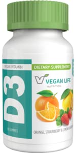 Vegan Life Nutrition - vitamīns D3 Gumijas bērniem un pieaugušajiem (1000 SV) - bez lipekļa, ne- GMO, atbalsta kaulu veselību un imūno sistēmu - 60 Gumijas