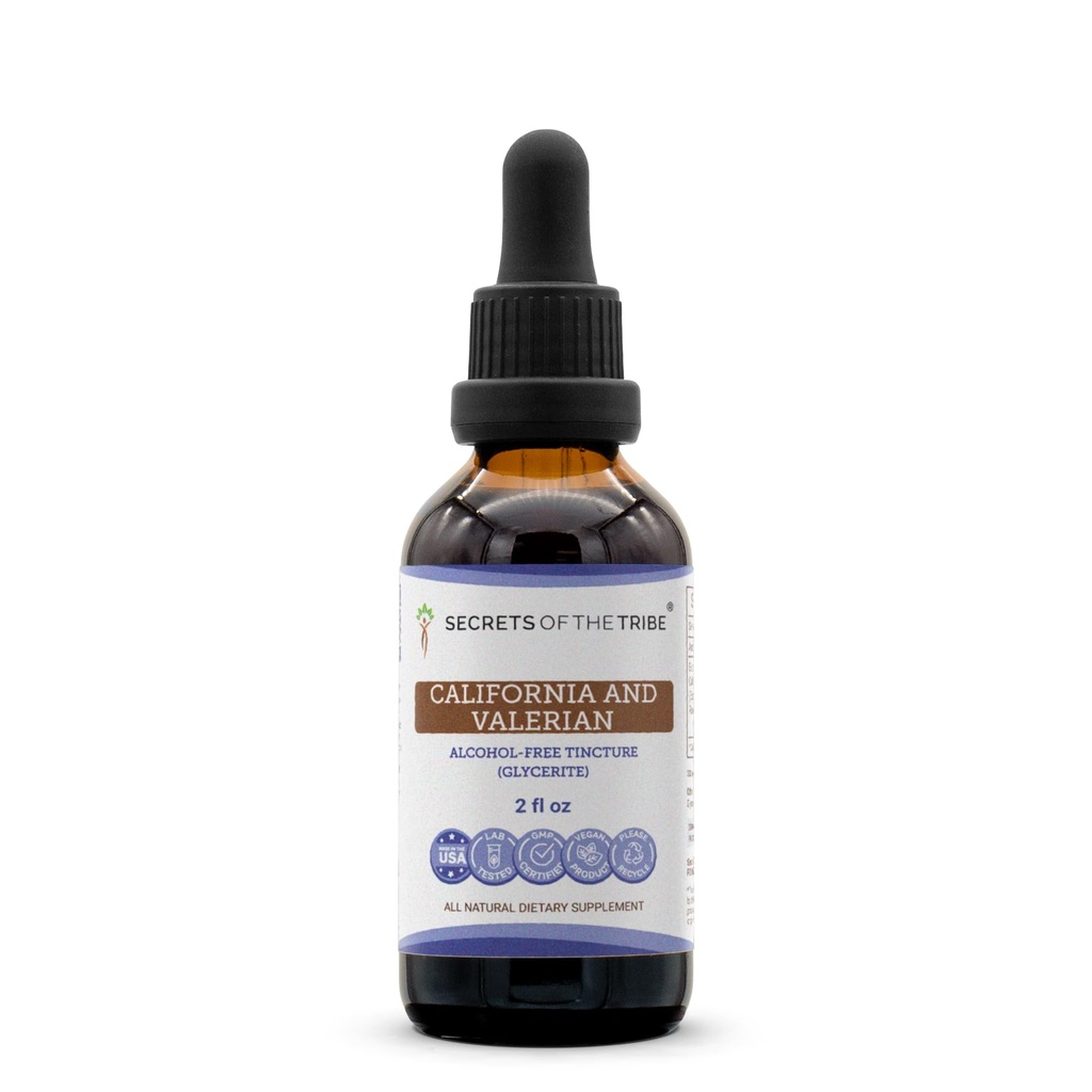 Tribe California un Valerian Tincture bezalkohola ekstrakta noslēpumi Garšaugi (California Poppy Herb and Flower, Valerian Root) 2 oz