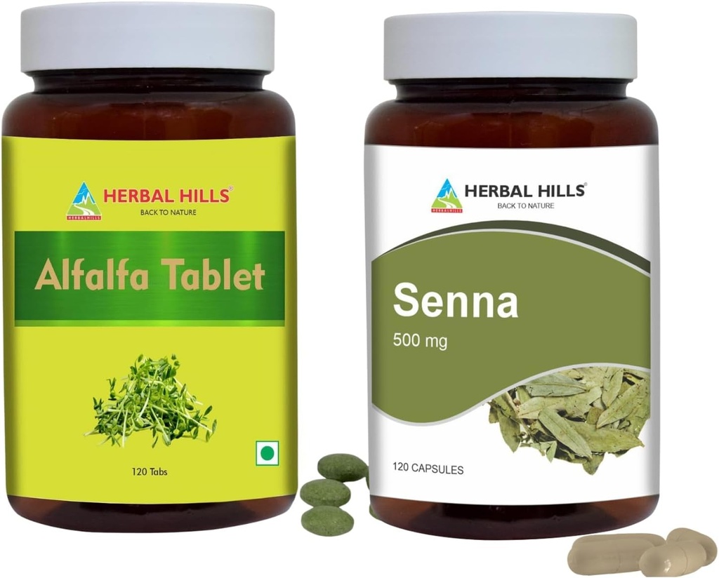 HERBAL HILLS Alfalfa tabletes un Senna Leaf kapsulas Iepakojumā pa 2 Combo