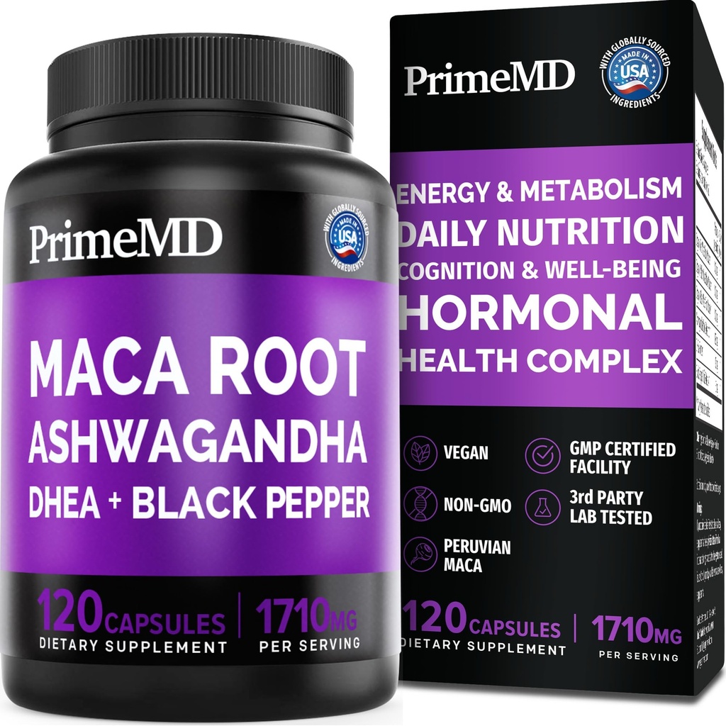6-in-1 Organic Maca Root Ashwagandha kapsulas 1710mg ar DHEA un melnā piparu augļu ekstrakts sievietēm un vīriešiem - Black Maca papildinājums izturību, kaulu un koka atbalsta papildinājums, 120 skaits