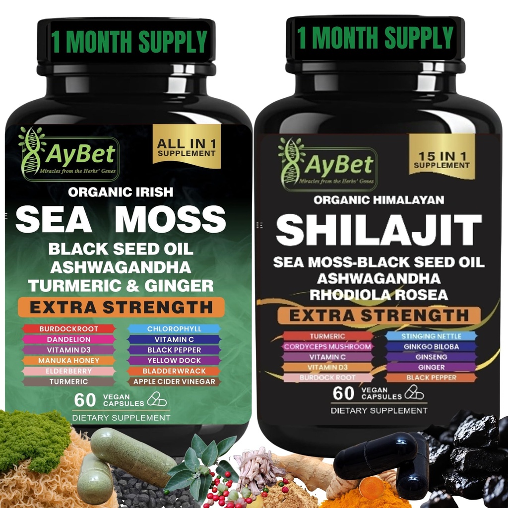 Sea Moss Shilajit Combo Bundle Kapsulas, melnās sēklas eļļa, Ashwagandha, Rhodiola Rosea, Burdock, Turmeric, Ginger, VitC, VitD3, Visas vienā papildinājumā, 120 kapsulas, Halal, Vegan, USDA Organic