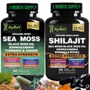 Sea Moss Shilajit Combo Bundle Kapsulas, melnās sēklas eļļa, Ashwagandha, Rhodiola Rosea, Burdock, Turmeric, Ginger, VitC, VitD3, Visas vienā papildinājumā, 120 kapsulas, Halal, Vegan, USDA Organic