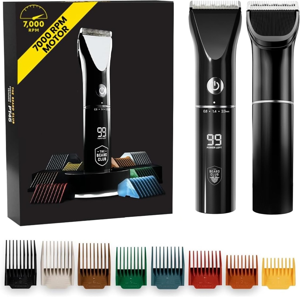 Beard Club Beard Trimmer vīriešiem - Elektriskā Bezvadu Bārda & Matu Trimmera - High Power 7000 RPM - 8 Krāsu Guides 45 Unikāls Trim Garumi - Travel Lock