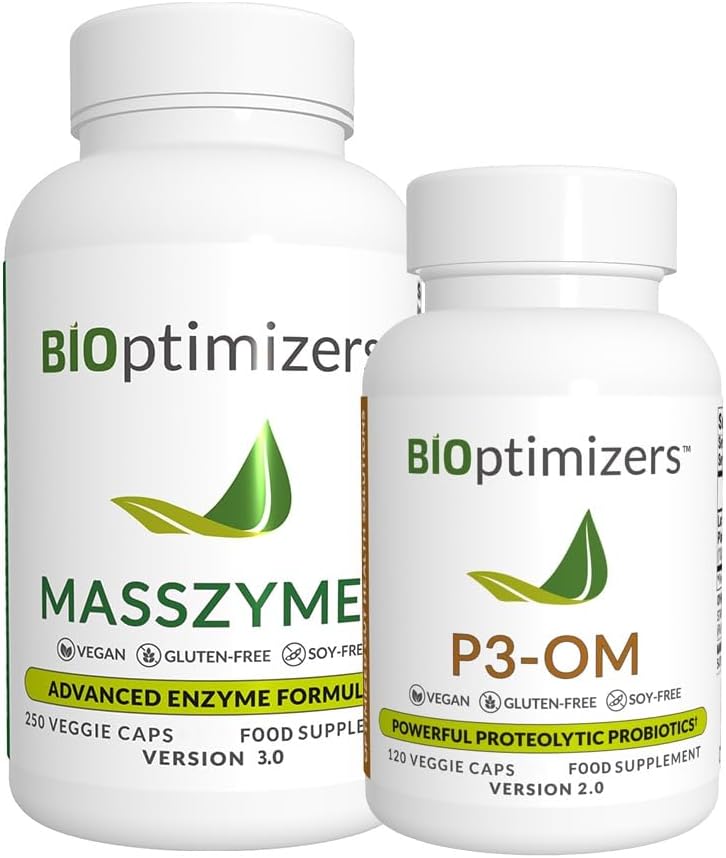 BiOptimizatori - P3-OM un MassZymes Bundle - Premium Gremošanas enzīmi un probiotikas sievietēm un vīriešiem - Formulētas ārsts (250 MassZymes kapsulas, 120 P3-OM kapsulas)