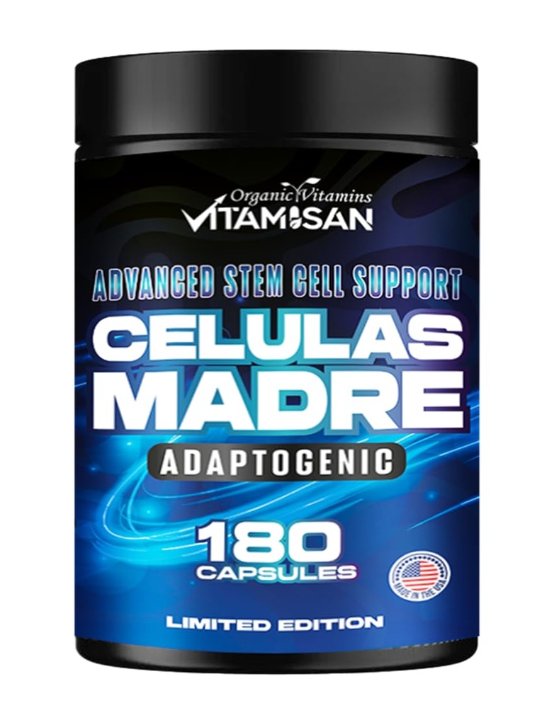 VITAMISAN Celulas Madres 180 Kapsulas - Cilmes šūnu zaļās aļģes - ne-ĢMO -Gluten bezmaksas AFA - Celula Madre Papildinājums - Lauvas Mane Beta Glucan Atbalsta veselīgu novecošanu un veicina Imūns Spirulina.