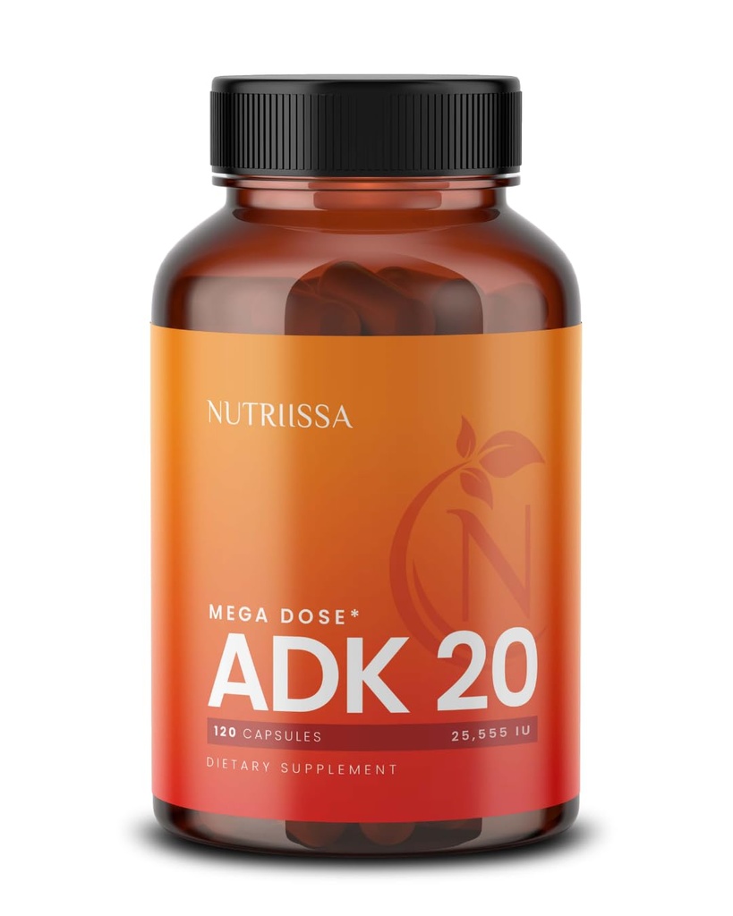 Nutriissa ADK 20 - Imūnās un kaulu veselības atbalsts ar vitamīniem A, D & K (25 000 SV) - 4 mēnešu piegādes - EPEB Sertificēts tīrībai un potencei - 120 Vegan kapsulas