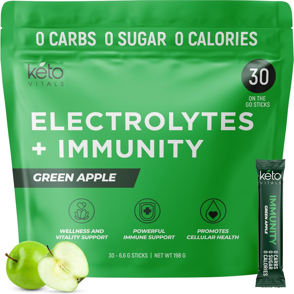 Keto Vitals Bezcukura Elektrolīti Pulveris ar C vitamīnu, ingveru, kurkuma, & plūškoka - Boost Jūsu Imūnsistēmu un rehidratizēt Jūsu ķermeni - zaļā ābolu Flavor, 30 Count