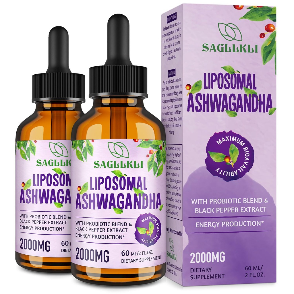 Liposomālie Ashwagandha Liquid Drops 2000mg, Ashwagandha Root Extract Papildinājums (7% Witanolides) ar Black Pepper Extract & Probiotics priekš Focus, Cognition & Energy - 4 FL.OZ (2 pudeles)