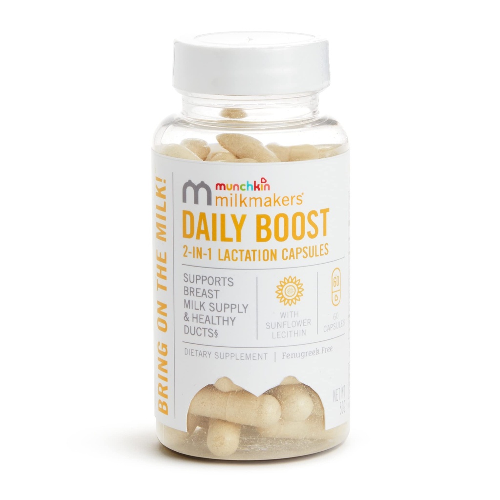 Munchkin® Milkmakers® Daily Boost 2-in-1 Zīdīšanas Papildinājumi barošanai ar krūti, Māsu un sūkņu mammām - bez Grieķu, 60 kapsulas