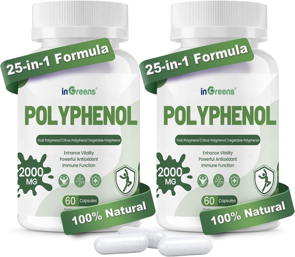25-in-1 Polifenoli Papildinājums, 2000MG Spēcīgi antioksidanti un polifenols vecuma aizsardzības, Polifenols Superfood, Quercetin, Resveratrol, Plant-Based & Energy, Imūnsupport, 120 kapsulas