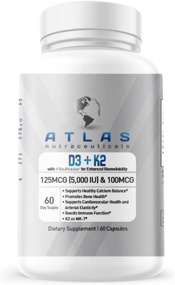 Atlas Nutraceuticals-Vitamin D3+K2- vitamīns D3 5000IU Plus K2, 2 in 1 Formula, MK7 K2 vitamīns, 60 kapsulas, imūno vitamīnu komplekss