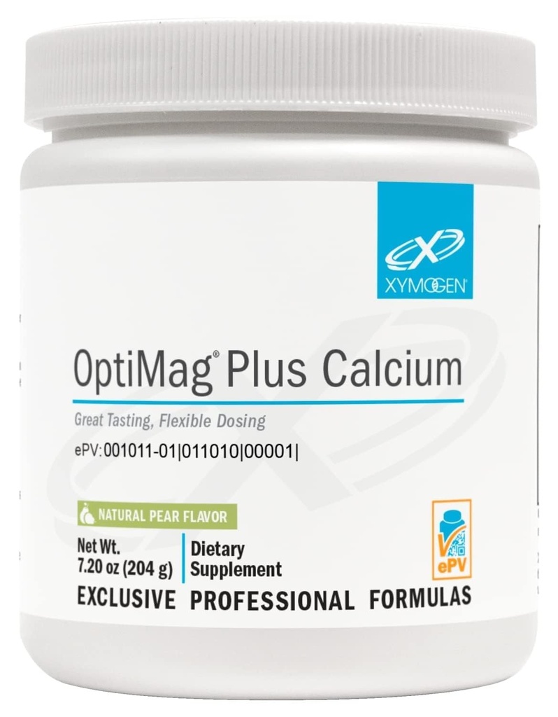 XYMOGEN OptiMag Plus Kalcijs - Lielisks magnija pulveris ar kalciju, lai atbalstītu mierīgu uzvedību, veselīgs garastāvoklis, veselīgs kauls + muskuļu funkcija - bumbieru starojums, ar magnija malātu (7,2 oz)