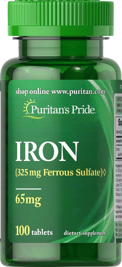 Puritans Pride Iron Ferrous Sulfate 65 Mg Tablets, 100 Skaits