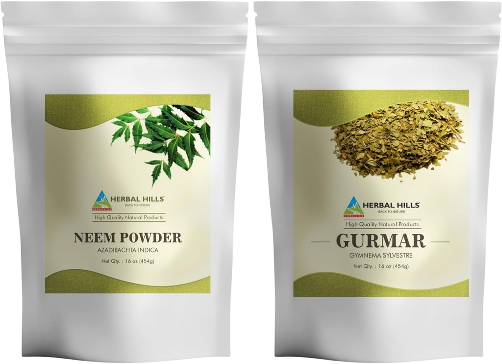 HERBAL HILLS Neem Leaf pulveris un Gurmar pulveris Gymnema Sylvestre iepakojums ar 2 Combo