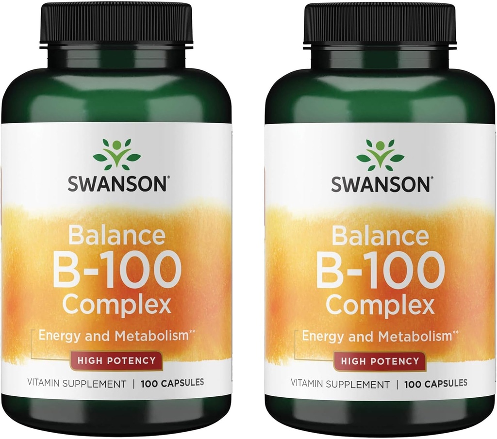 Swanson B-100 vitamīns - Vitamīnu papildterapija Enerģijas un vielmaiņas veicināšana - Augstas aktivitātes formula, kas atbalsta sirds veselību, smadzeņu veselības un nervu funkcijas - (100 kapsulas) (2 iepakojumi)