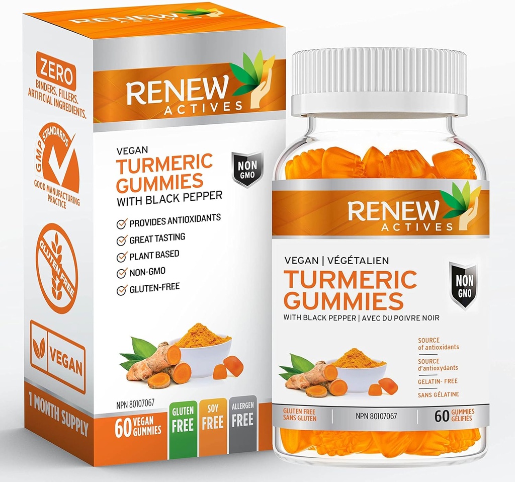 RENEW AKTĪVI Vegan Turmeric 130MG uz 2 Gumijas ar melno piparu pastiprinātai absorbcijai – Antioksidantu atbalsts un imūnā veselība – Great Tasting, Easy-to-Swalov Papildinājums, izgatavots Kanādā – 60 Gumijas