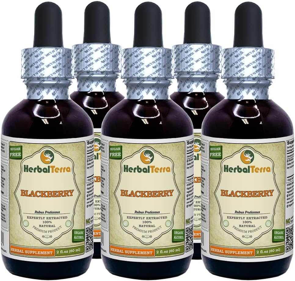 BlackBerry (Rubus fruticosus) Tinktūra, Organiskās Žāvētas lapas Šķidrais ekstrakts (zīmuļa nosaukums: HerbalTerra, Proudly Made in USA) 5x2 fl.oz (5x60 ml)