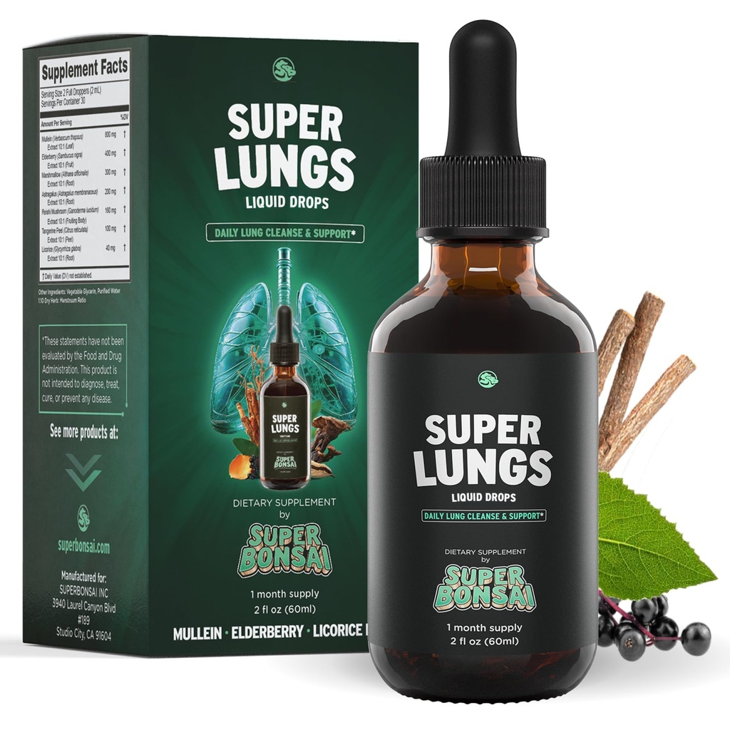 SuperBonsai Super Lungs Mullein Drops – Herbal Lung Support Tincture with Mullein Leaf Extract Elderberry Reishi Marshmallow Sakne – Atbalsta Clear Elpošana & Labsajūta – 2oz