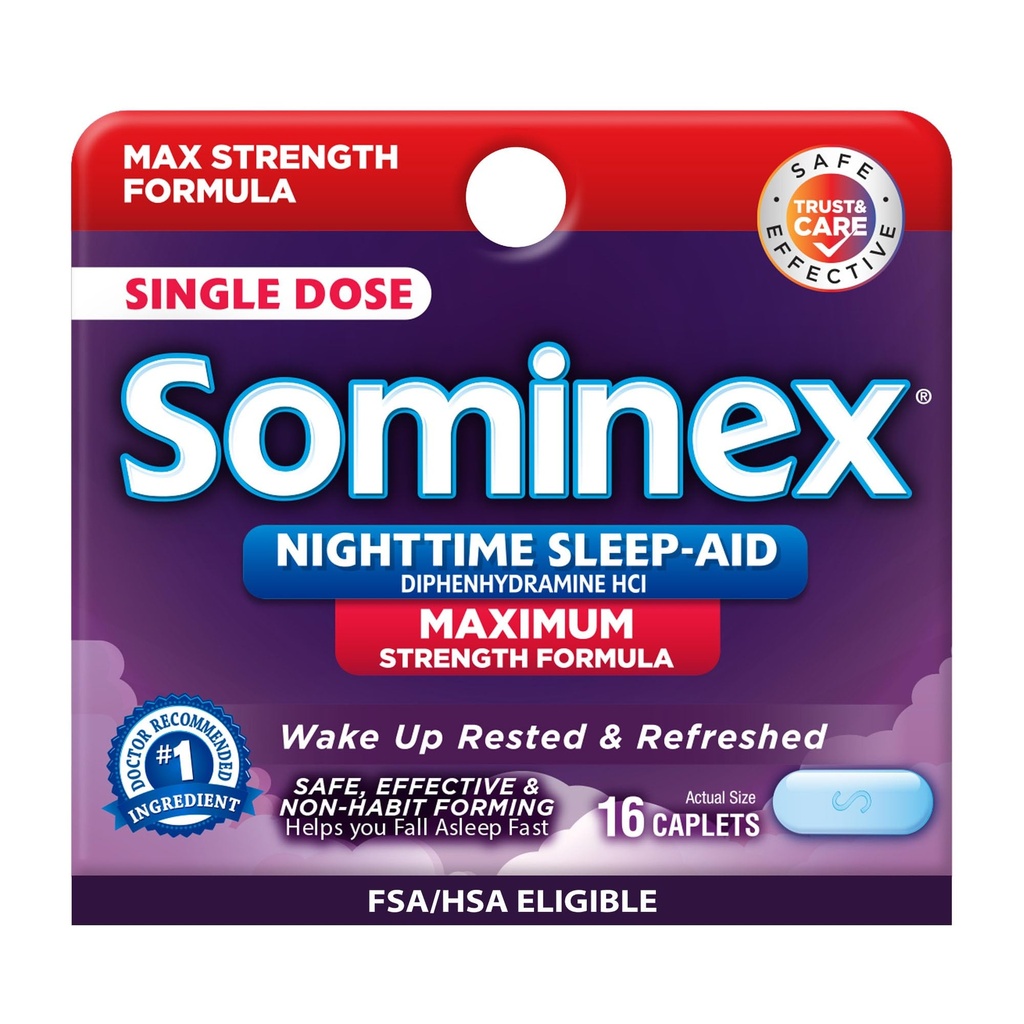 Sominex tabletes nakts miega miega laikā, maksimālā stipruma formula, viena deva, dalīta, 16 skaits