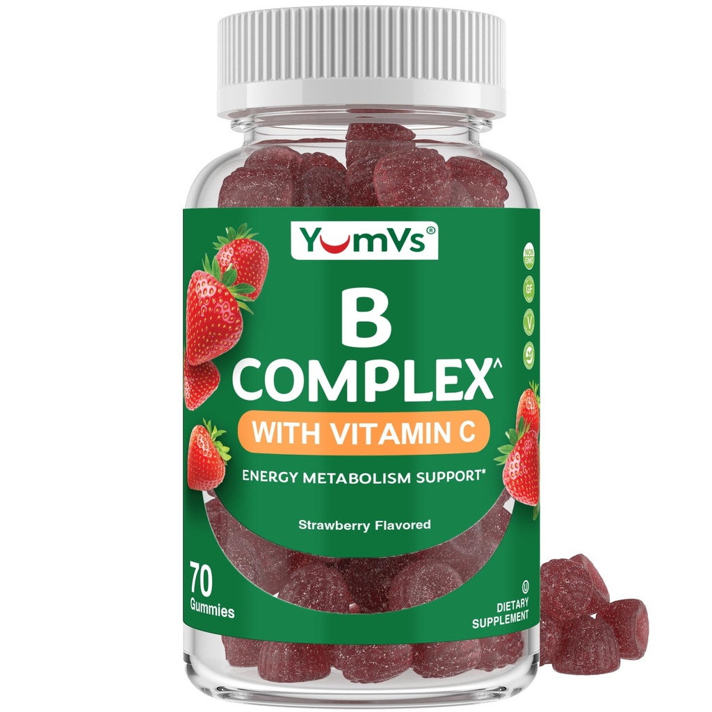 B komplekss Gumijas ar C vitamīnu – Great Tasting 1 a Day Energy & nervu sistēmas atbalsts pieaugušajiem – Vegan, Kosher, Non-GMO B vitamīnu komplekss Gumijas ar B12, B6, Niacin & Folic Acid – 70 Count