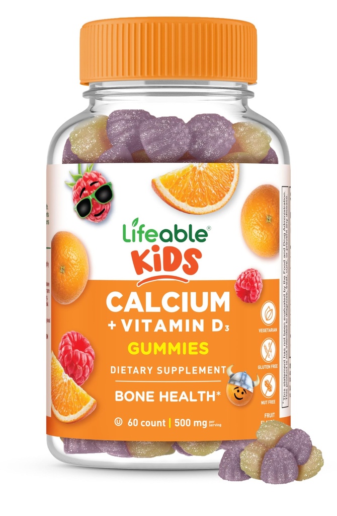 Dzīvotspējīgi bērni Kalcija Gumijas ar vitamīnu D3 - 500 mg Kalcijs ar vitamīnu D3 1000 SV -- Great Tasting kalcija papildinājums bērniem -- kaulu veselību un zobu augšanu - 60 Gumijas