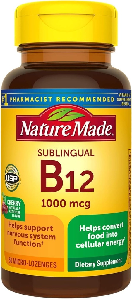 Dabā ražots Sublingual vitamīns B12 1000 mcg Micro-Lozenges, 50 Skaits vielmaiņas veselībai