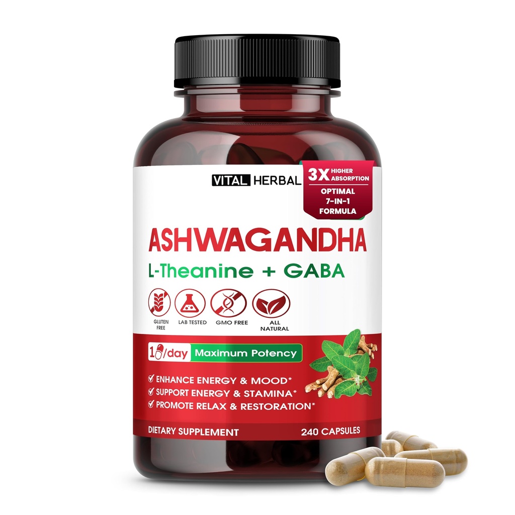 Ashwagandha komplekss ar L-teanīnu, turmeriku, Rhodiola un asinszāli – augu izcelsmes maisījums ikdienas labsajūtai – 240 kapsulas