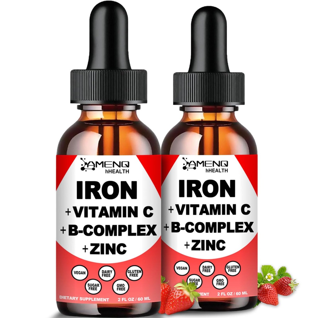2 Iepakojums Šķidrās dzelzs papildinājums w/ vitamīns C, A, B- Complex, Vegan Dzelzs pilieni augstas potences Vitamīnu un dzelzs piedevas sievietēm, vīriešiem un bērniem - Atbalsts sarkano asins šūnu, enerģija, anēmija un nogurums