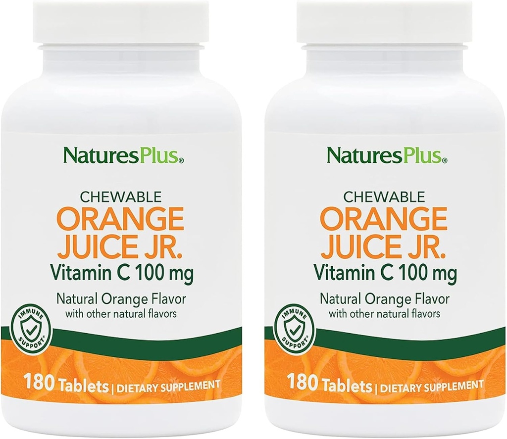 DabasPlus Orange Suice Jr. - Iepakojums ar 2, 180 košļājamām tabletēm - 100 mg C vitamīna - Veģetārs, bez lipekļa - 360 Kopējie pakalpojumi
