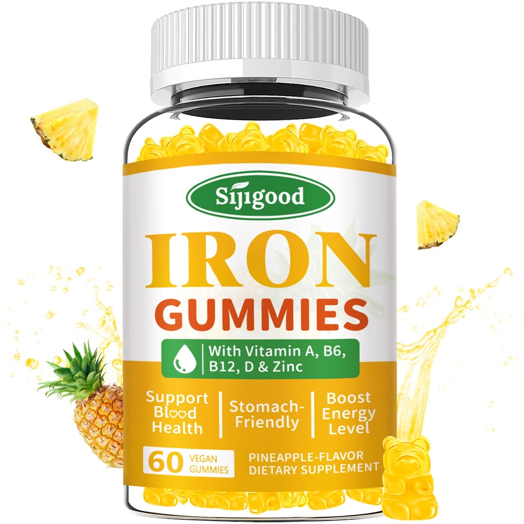 Dzelzs Gumijas sievietēm un vīriešiem - Vegan dzelzs papildinājums anēmijai un dzelzs deficīts, ar vitamīnu B12, vitamīns C, cinks, folāts - enerģijas Boost, bezcukura, ananasu Flavor, 60 Count