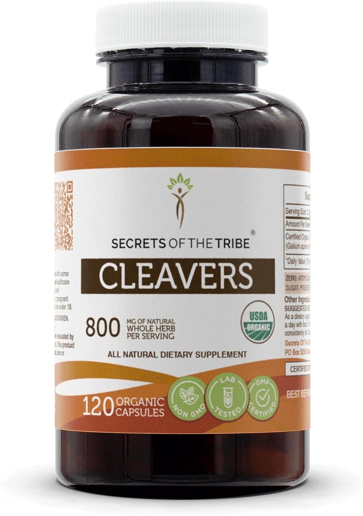 Tribe Cleavers USDA Organic noslēpumi, kas izgatavoti no Veģetārām kapsulām un sertificētiem organiskajiem Cleavers (Galium aparine) Kaltēts garšaugs (120 kapsulas)