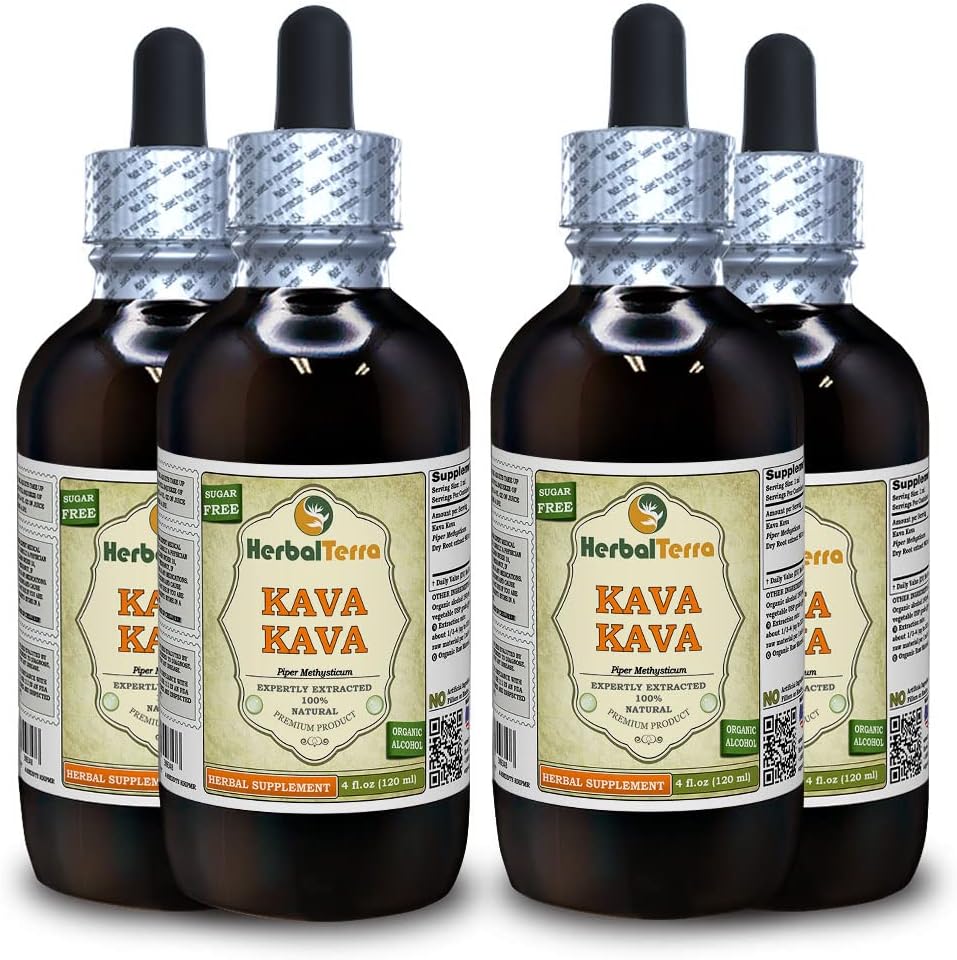 Kava Kava (Piper Methysticum) Tinktūra, žāvēts saknveida šķidruma ekstrakts (zīmuļa nosaukums: HerbalTerra, Proudly Made in USA) 4x4 fl.oz (4x120 ml)