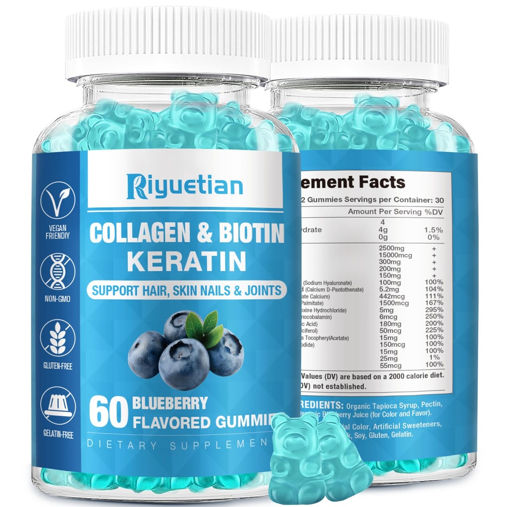Biotin Gummies 15000mcg ar kolagēnu pieaugušajiem Sievietēm un vīriešiem - matu, ādas un nagu gumijas ar biotin - kolagēns sievietēm - vegan, ne-GMO, matu vitamīni - 60 grāvis, 1 iepakojums